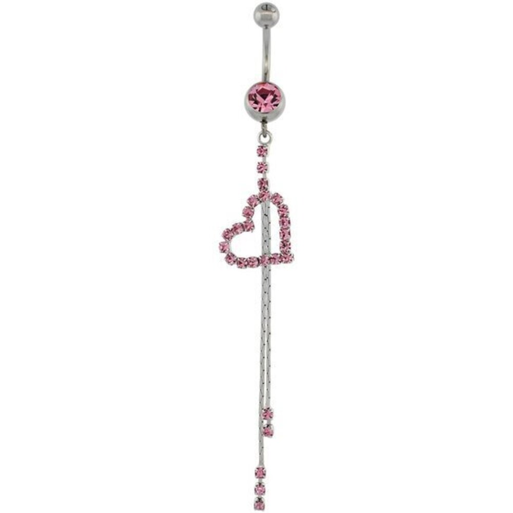 Surgical Steel Barbell Heart Cut Out Belly Button Ring w/ Pink Crystals, 3 1/8